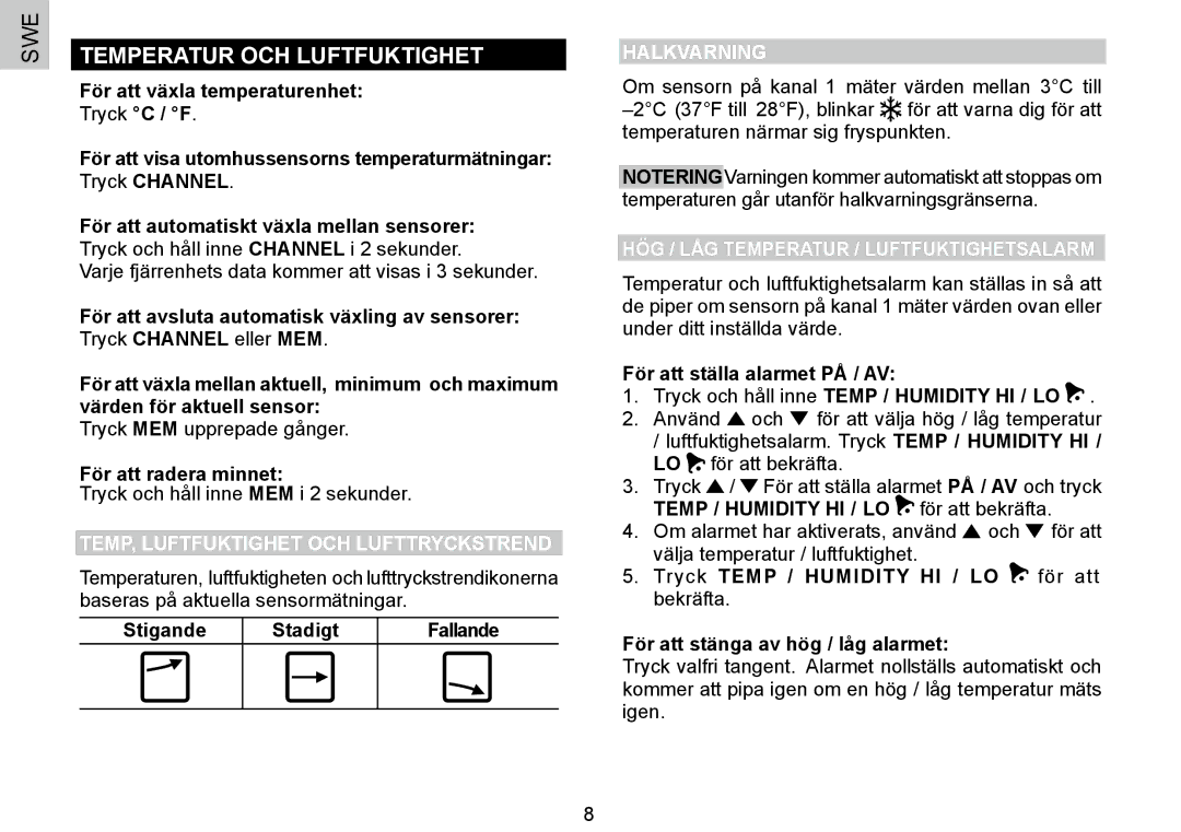 Oregon Scientific BAR388HG user manual Temperatur OCH Luftfuktighet, TEMP, Luftfuktighet OCH Lufttryckstrend, Halkvarning 