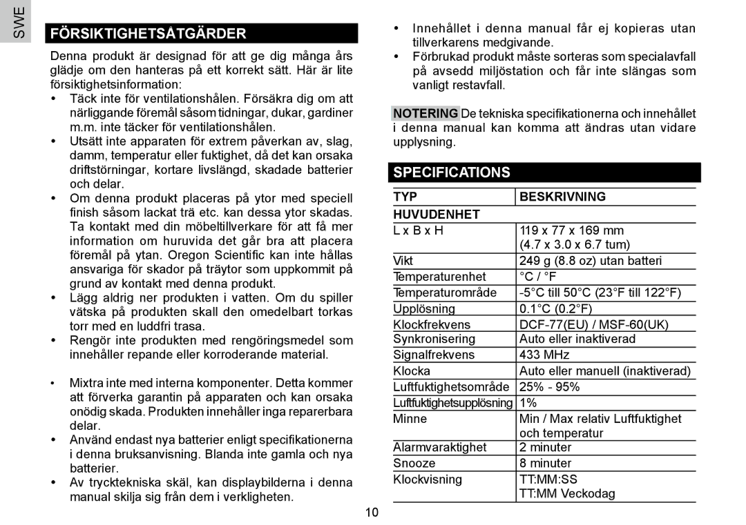 Oregon Scientific BAR388HG, 086L004438-013 user manual Försiktighetsåtgärder, TYP Beskrivning Huvudenhet 