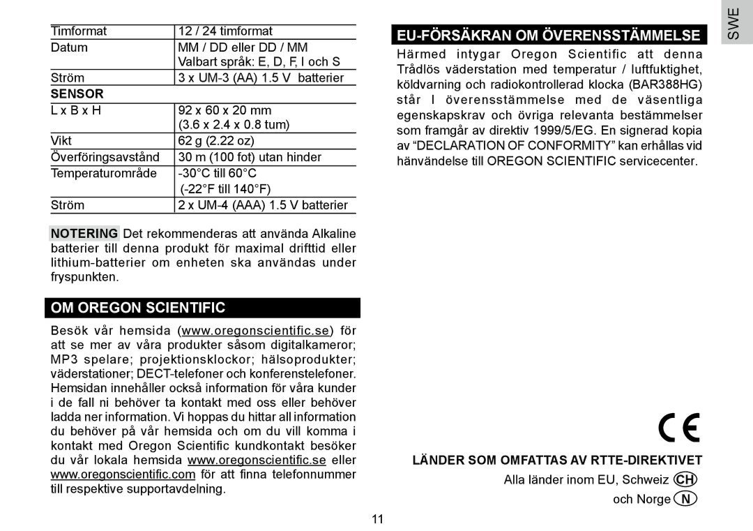 Oregon Scientific 086L004438-013, BAR388HG user manual OM Oregon Scientific EU-FÖRSÄKRAN OM Överensstämmelse, Sensor 