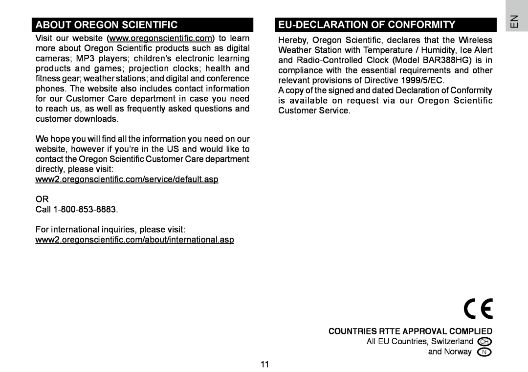Oregon Scientific BAR388HG, 086L004438-013 user manual About Oregon Scientific, Eu-Declarationof Conformity 