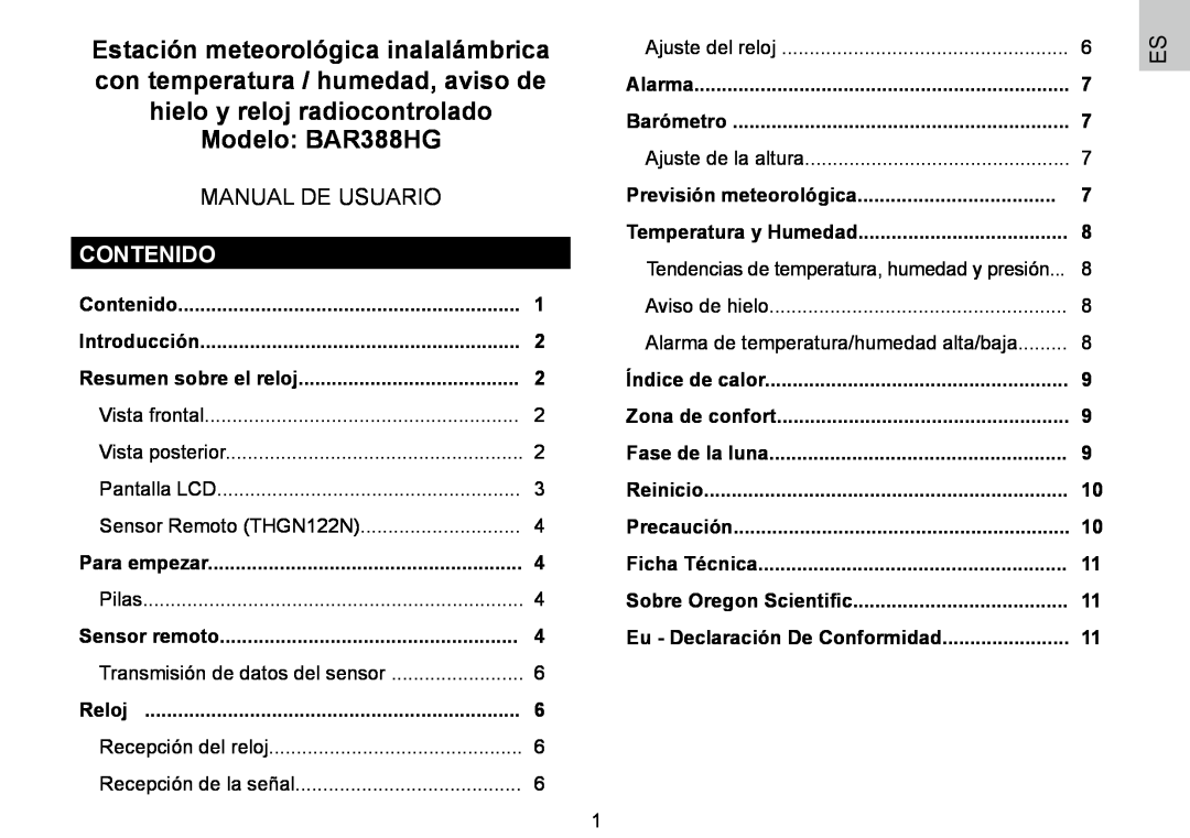 Oregon Scientific 086L004438-013, BAR388HG user manual Manual De Usuario, Contenido, Previsión meteorológica 