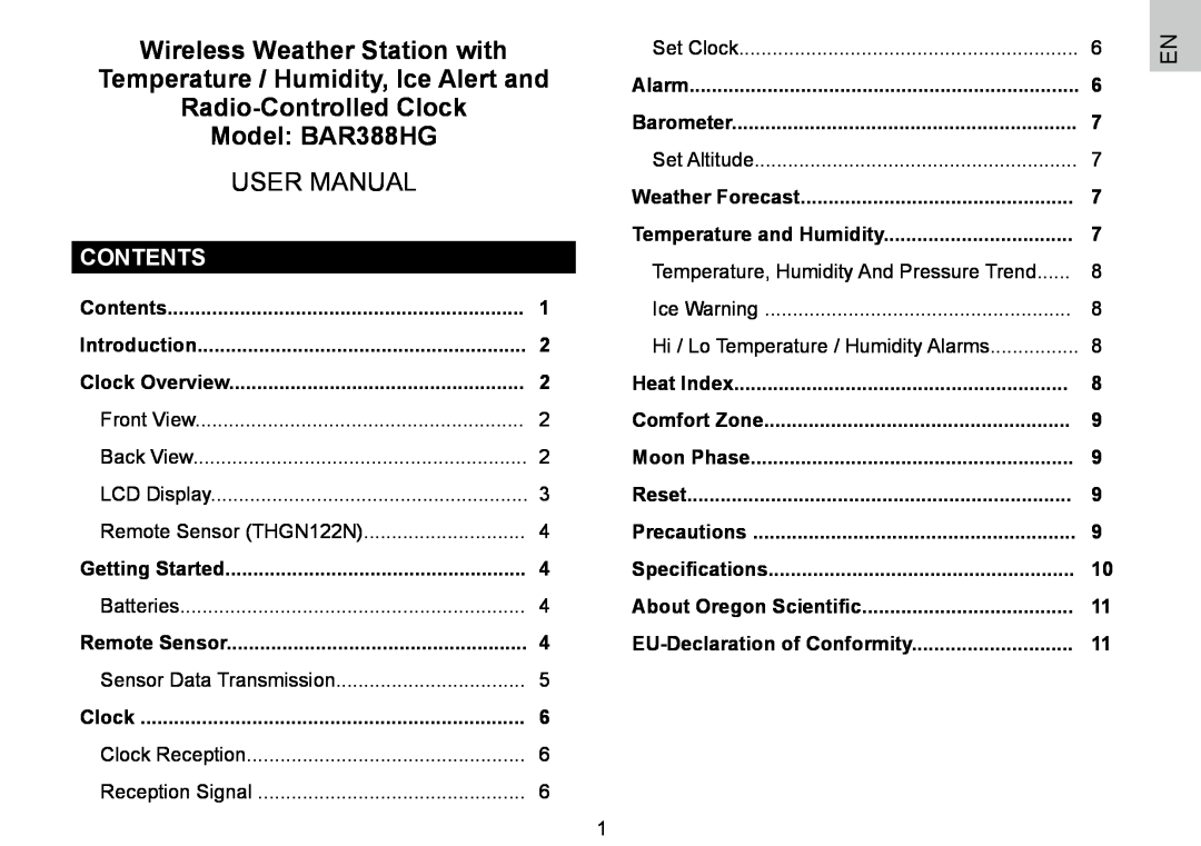 Oregon Scientific BAR388HG Wireless Weather Station with, Temperature / Humidity, Ice Alert and, Contents, User Manual 
