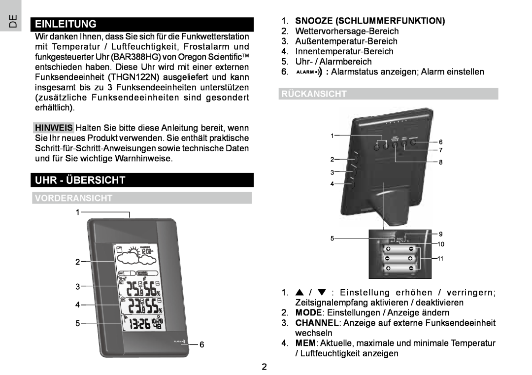 Oregon Scientific BAR388HG user manual Einleitung, Uhr - Übersicht, Snooze Schlummerfunktion, Rückansicht, Vorderansicht 