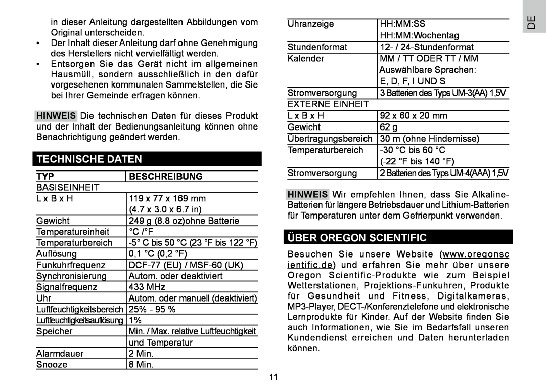 Oregon Scientific 086L004438-013, BAR388HG user manual Technische Daten, Über Oregon Scientific, Beschreibung 