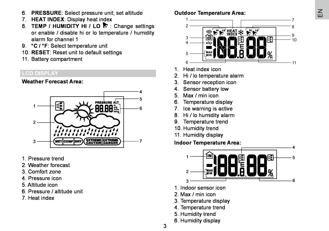 Oregon Scientific BAR388HG Lcd Display, Weather Forecast Area, Outdoor Temperature Area, Indoor Temperature Area 