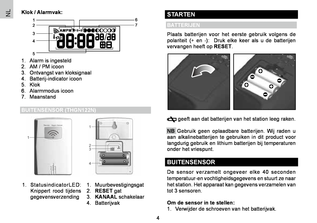 Oregon Scientific BAR388HG user manual Starten, Buitensensor, Klok / Alarmvak, BUITENSENSOR THGN122N, RESET gat, Batterijen 