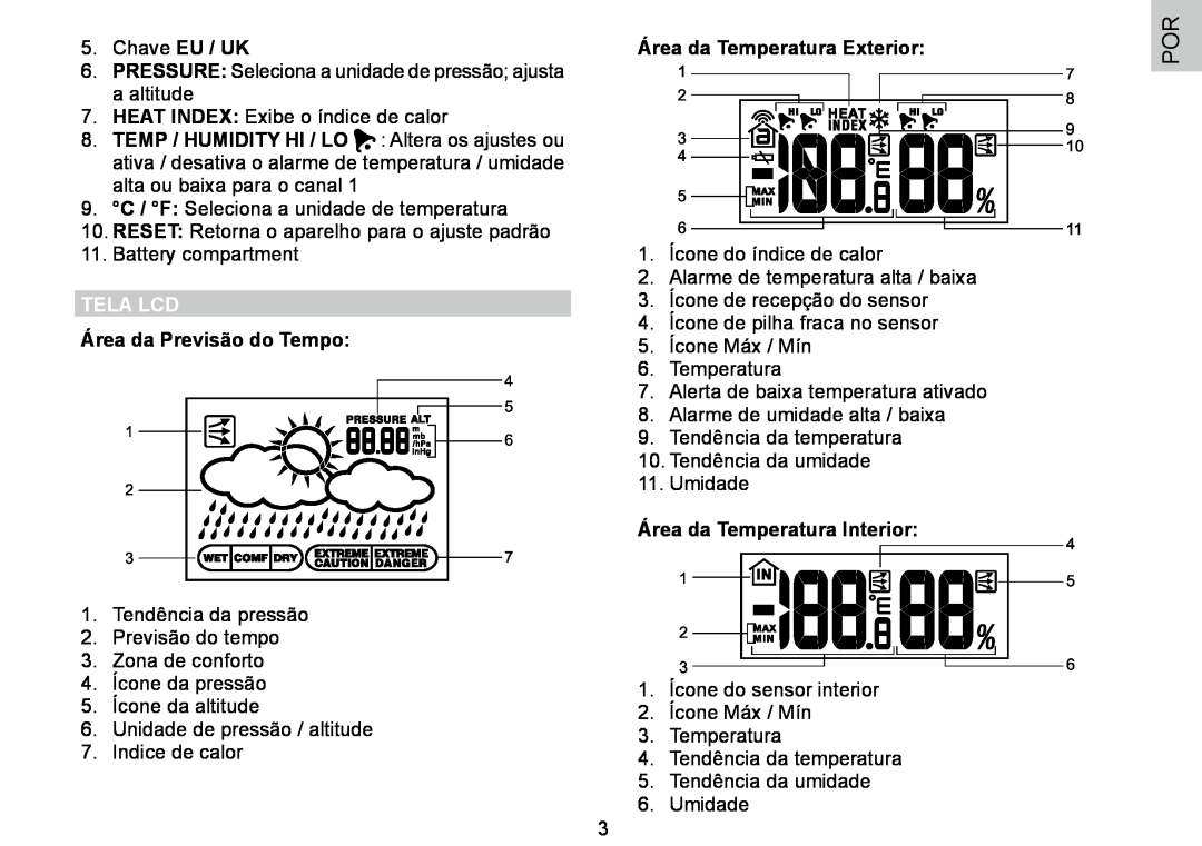 Oregon Scientific BAR388HG user manual Chave EU / UK, Tela Lcd, Área da Previsão do Tempo, Área da Temperatura Exterior 