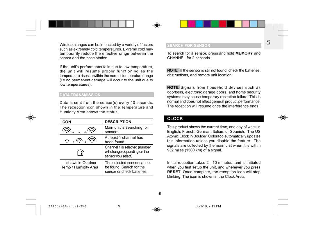 Oregon Scientific BAR609HGA user manual Clock, Data Transmission, Search for Sensor 