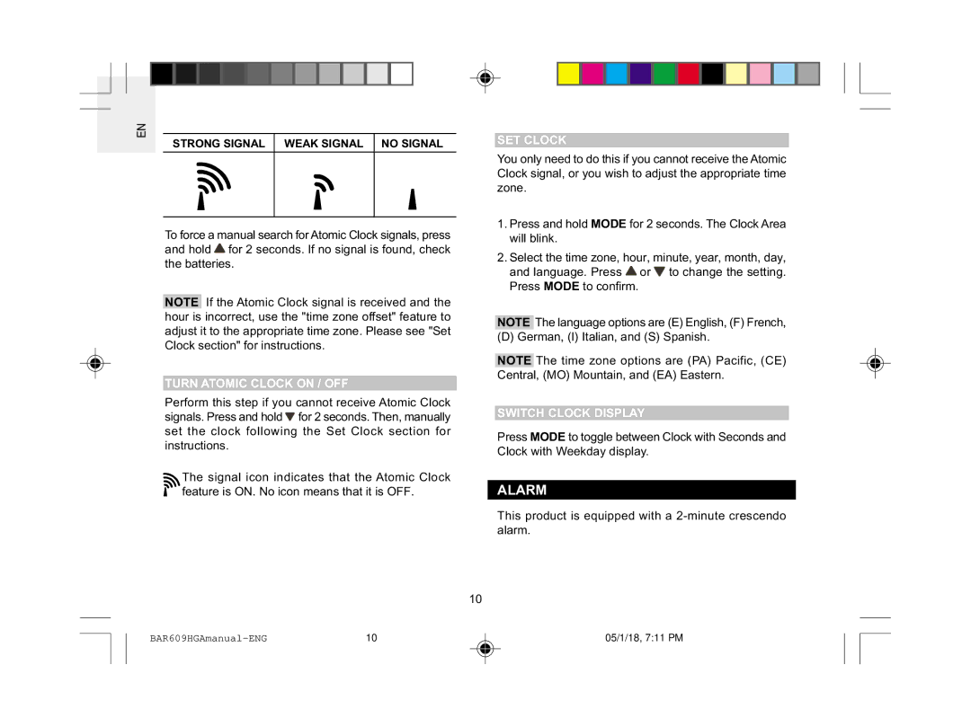 Oregon Scientific BAR609HGA user manual Alarm, SET Clock, Turn Atomic Clock on / OFF, Switch Clock Display 