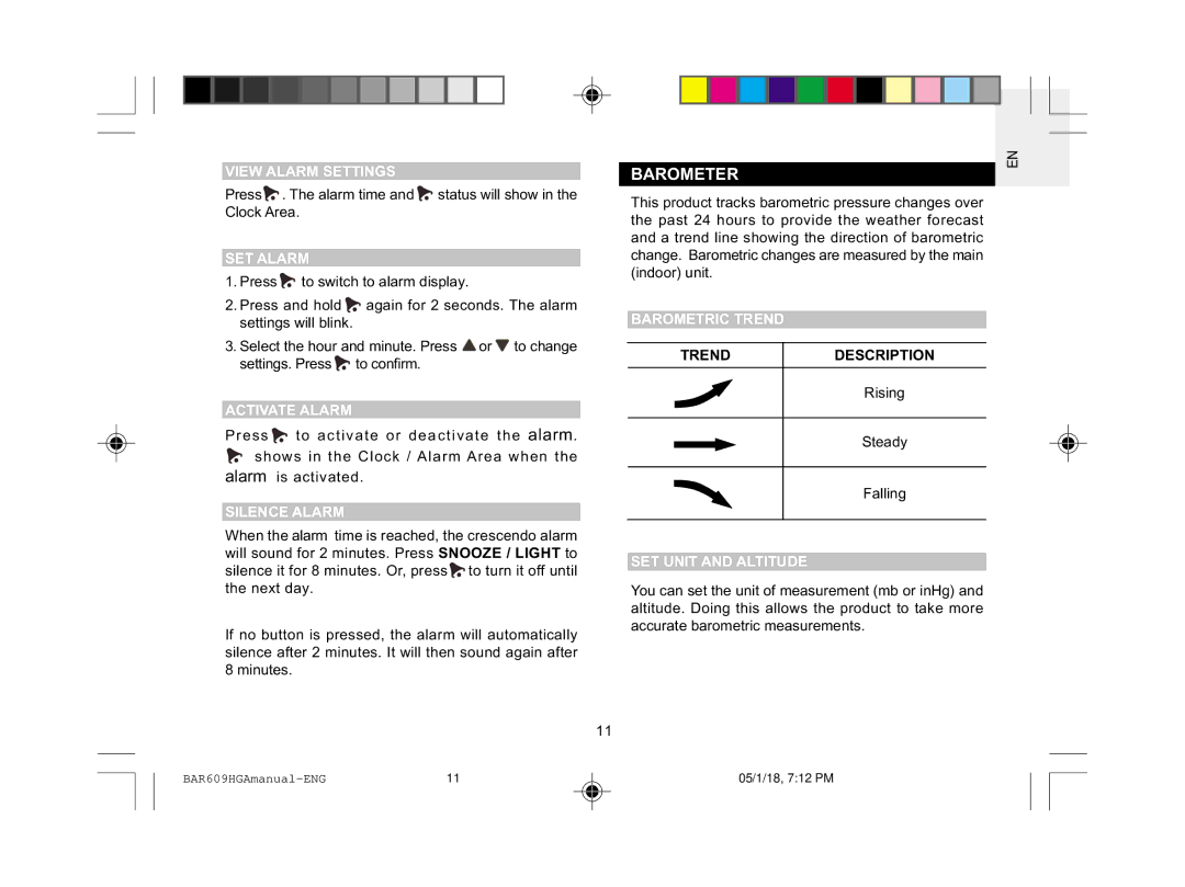 Oregon Scientific BAR609HGA user manual Barometer 