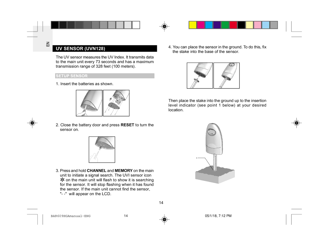 Oregon Scientific BAR609HGA user manual UV Sensor UVN128, Setup Sensor 