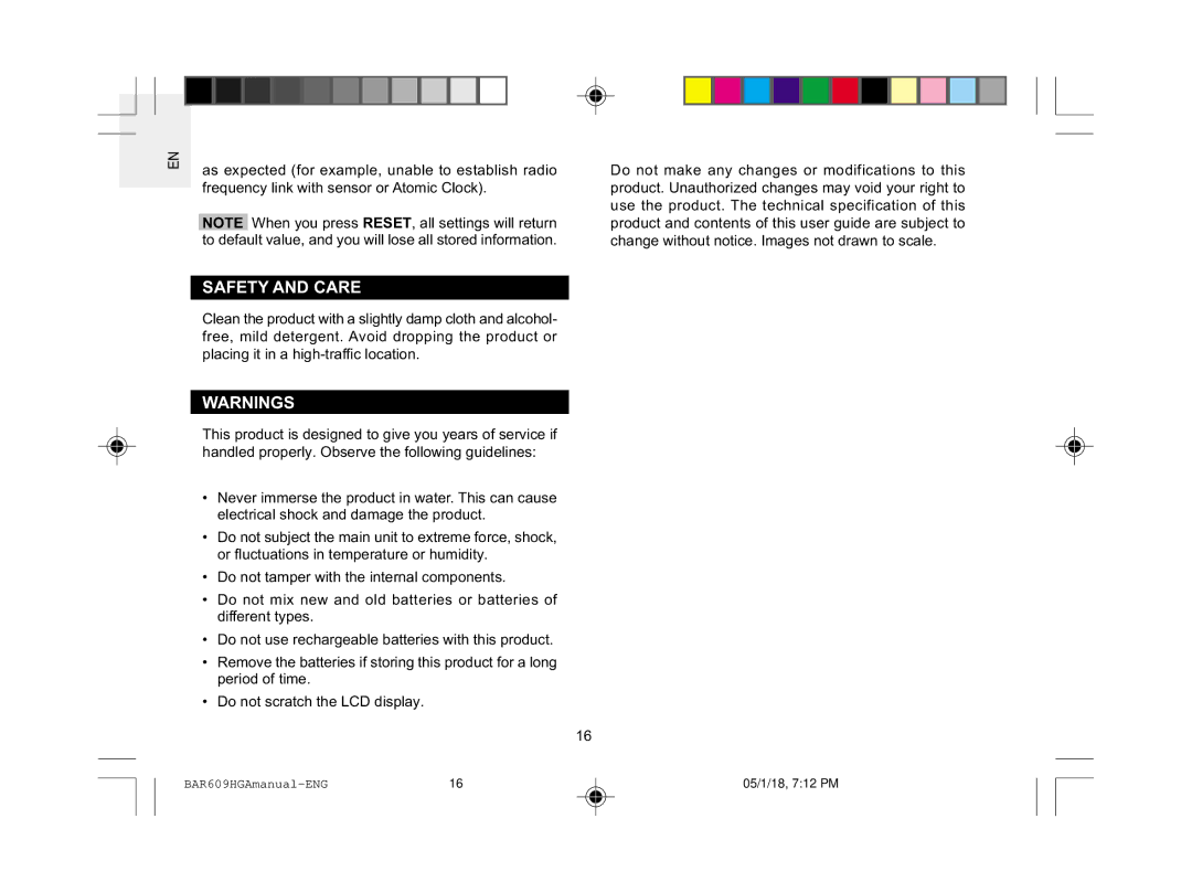 Oregon Scientific BAR609HGA user manual Safety and Care 