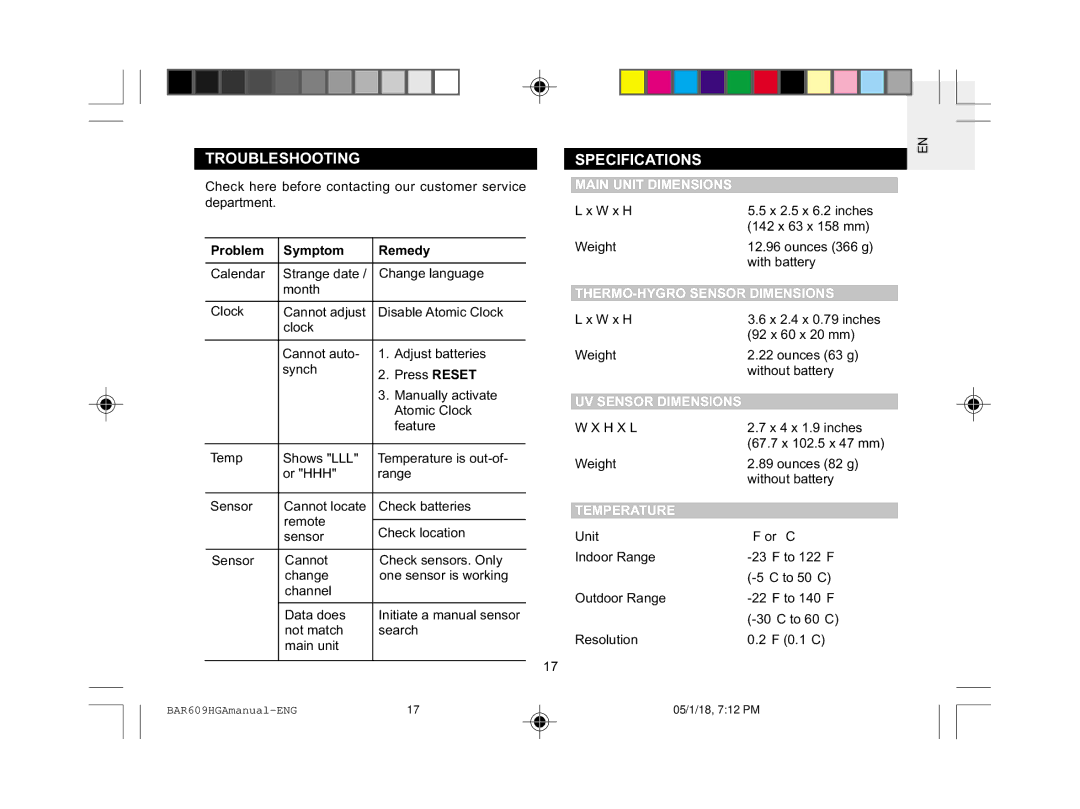 Oregon Scientific BAR609HGA user manual Troubleshooting, Specifications 