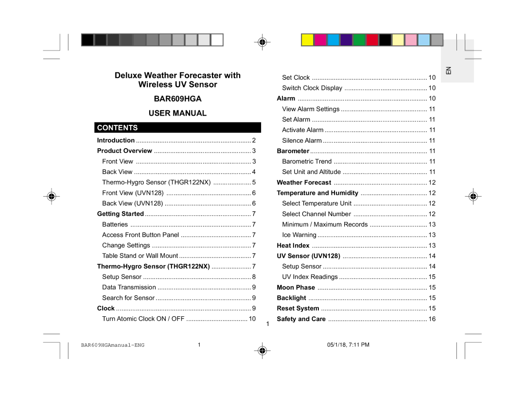 Oregon Scientific BAR609HGA user manual Deluxe Weather Forecaster with Wireless UV Sensor, Contents 