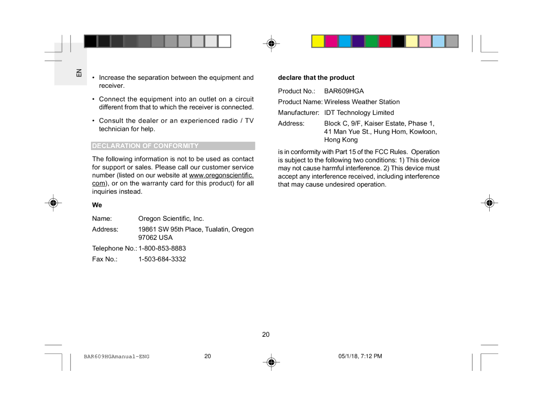 Oregon Scientific BAR609HGA Increase the separation between the equipment and receiver, Declaration of Conformity 