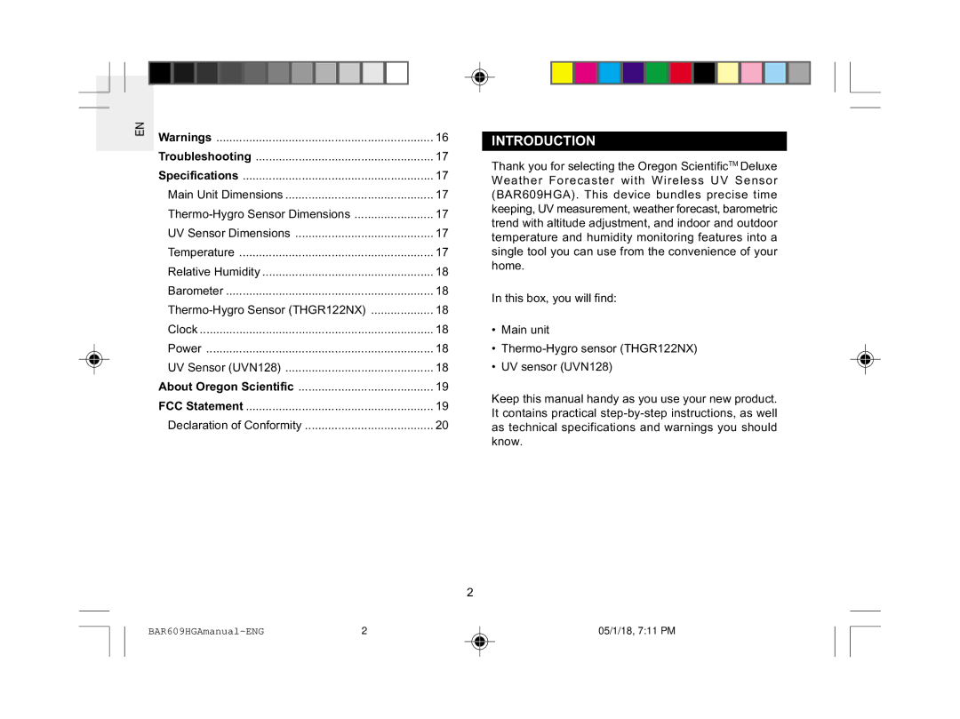 Oregon Scientific BAR609HGA user manual Introduction, Thermo-Hygro Sensor THGR122NX 