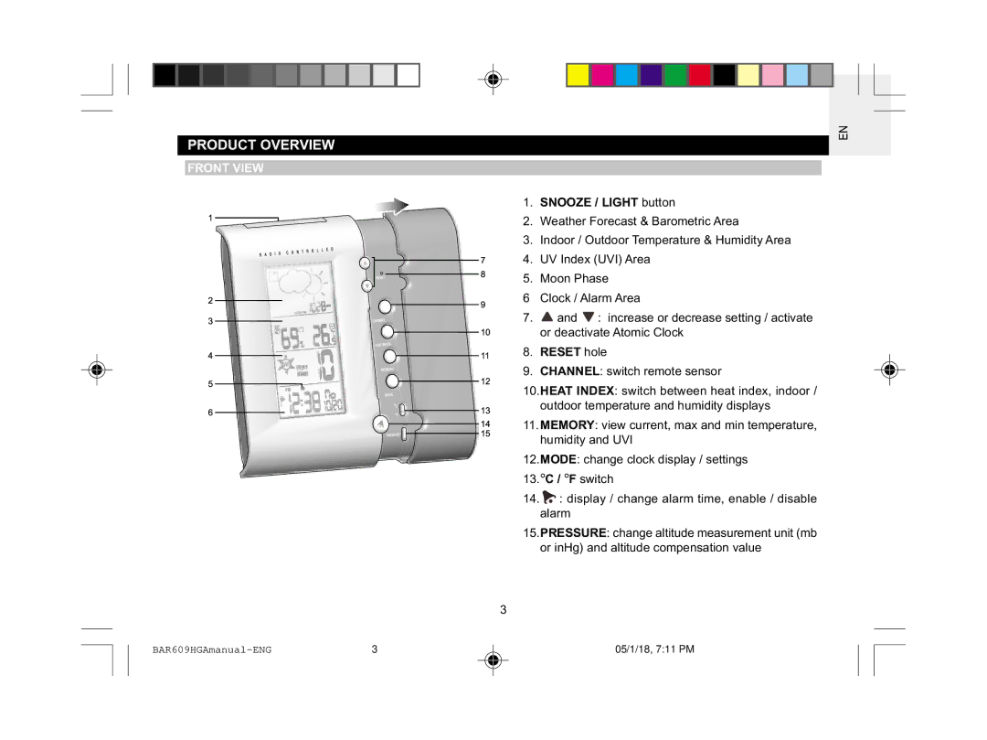 Oregon Scientific BAR609HGA user manual Product Overview, Front View 