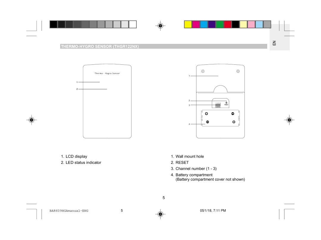 Oregon Scientific BAR609HGA user manual THERMO-HYGRO Sensor THGR122NX, Reset 