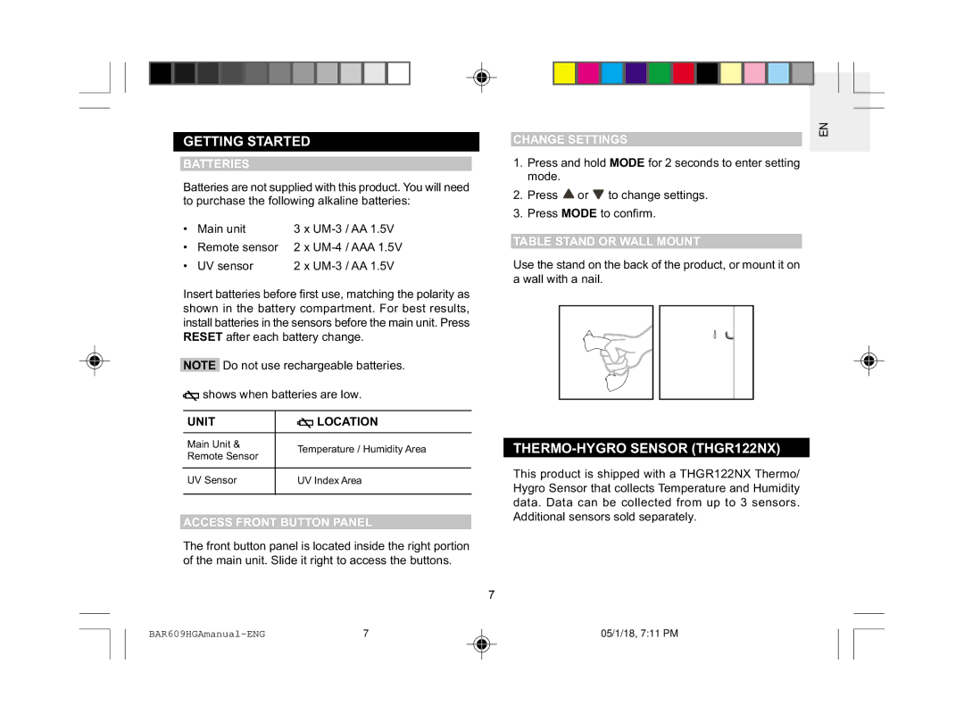 Oregon Scientific BAR609HGA user manual Getting Started, THERMO-HYGRO Sensor THGR122NX 