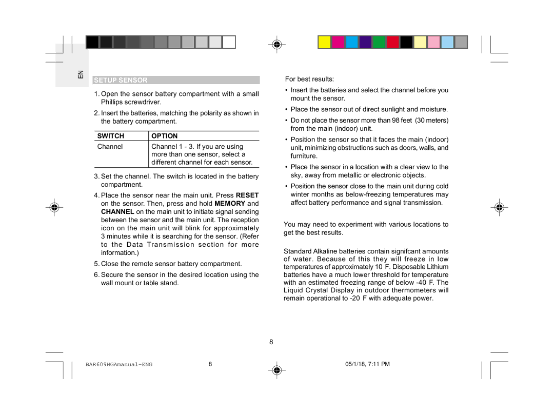 Oregon Scientific BAR609HGA user manual Setup Sensor, Switch Option 