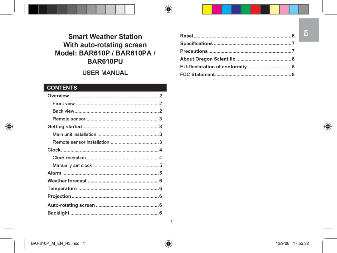 Oregon Scientific BAR610B user manual BAR610PU, Contents 