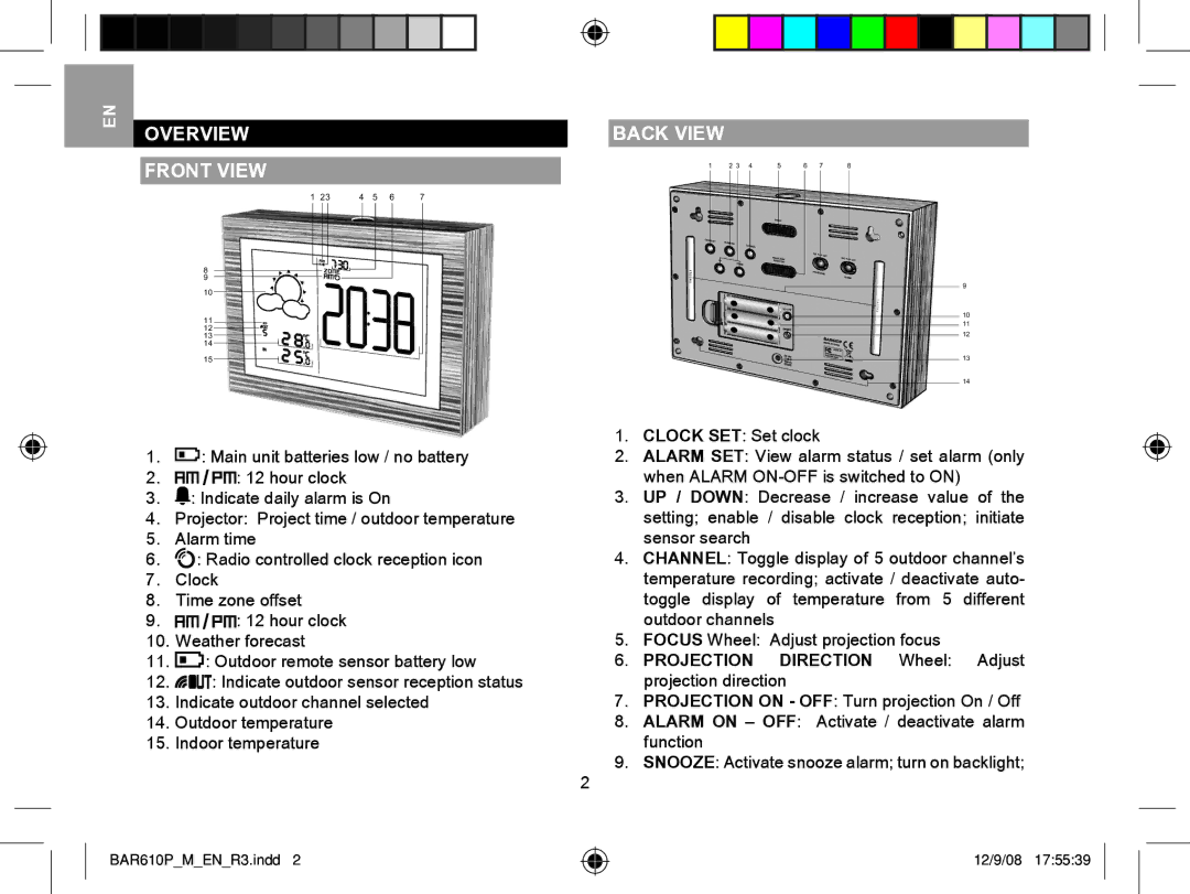 Oregon Scientific BAR610B Overview Front View, Back View, Projection Direction Wheel Adjust projection direction 