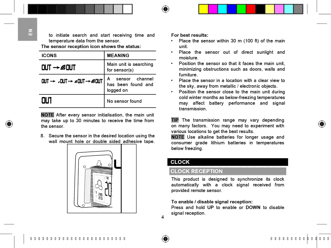 Oregon Scientific BAR610B Clock Clock Reception, Sensor reception icon shows the status, Icons Meaning, For best results 