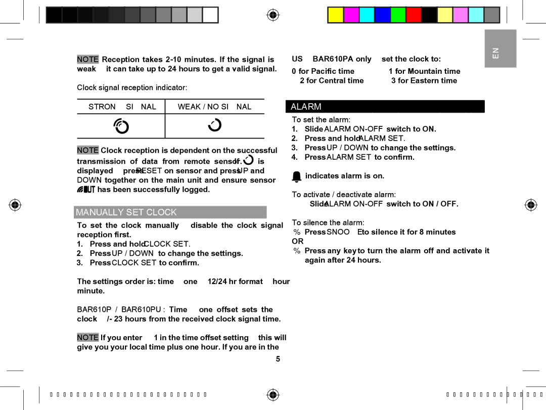 Oregon Scientific BAR610B user manual Manually SET Clock, Alarm, Strong Signal Weak / no Signal 