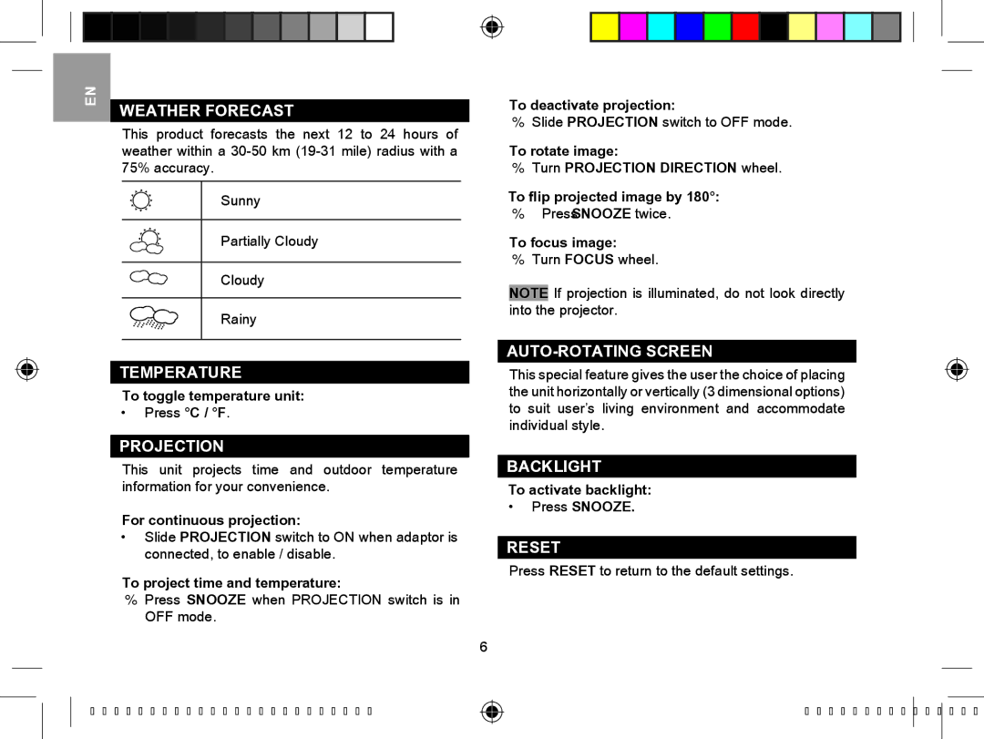 Oregon Scientific BAR610B user manual Weather Forecast, Temperature, Projection, AUTO-ROTATING Screen, Backlight, Reset 