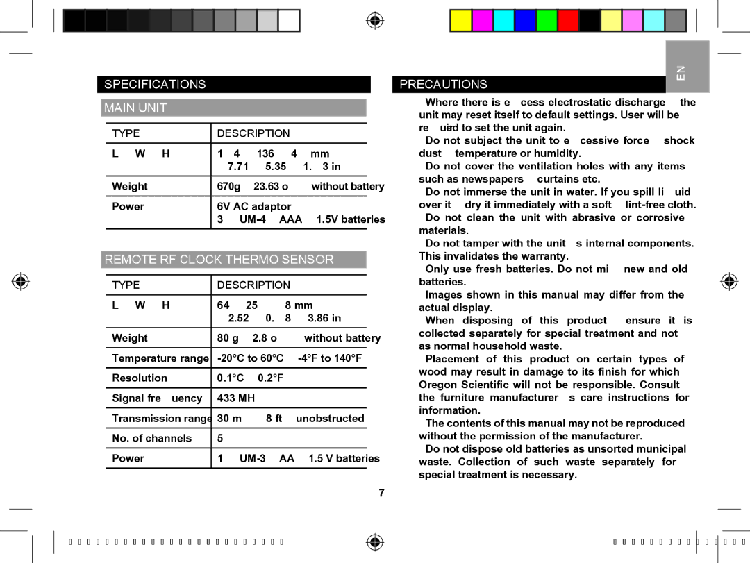 Oregon Scientific BAR610B Specifications Main Unit, Remote RF Clock Thermo Sensor, Precautions, Type Description 