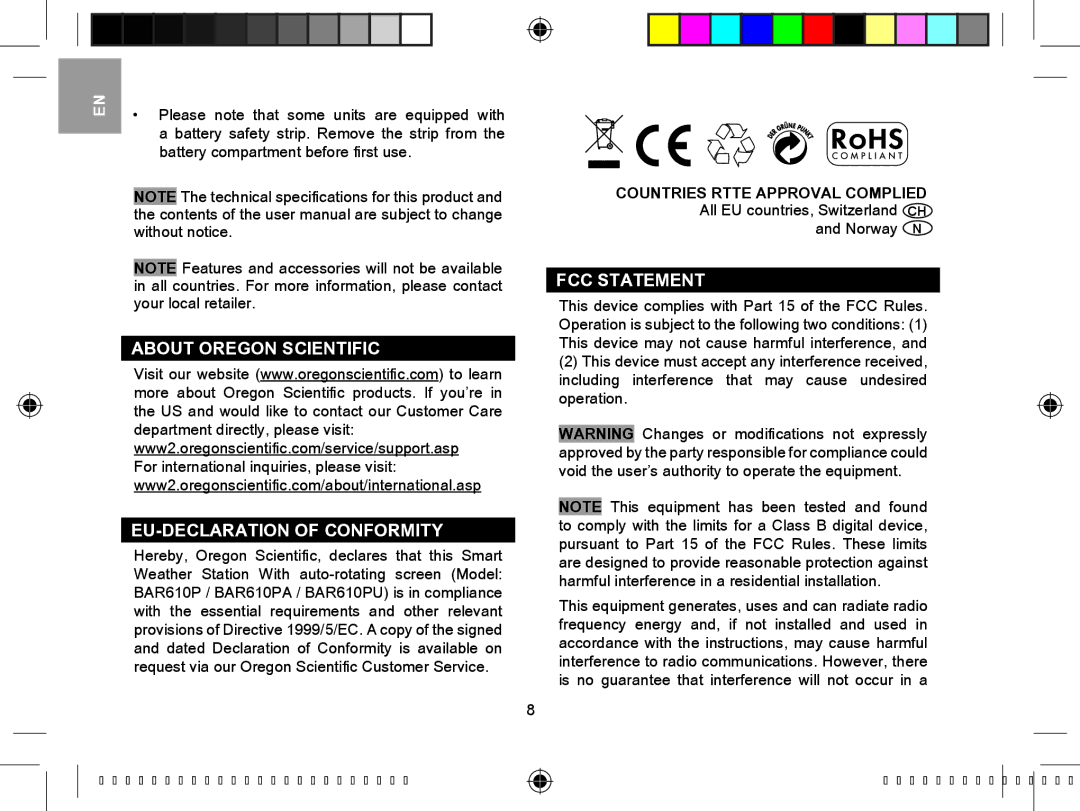 Oregon Scientific BAR610B user manual About Oregon Scientific EU-DECLARATION of Conformity, FCC Statement 