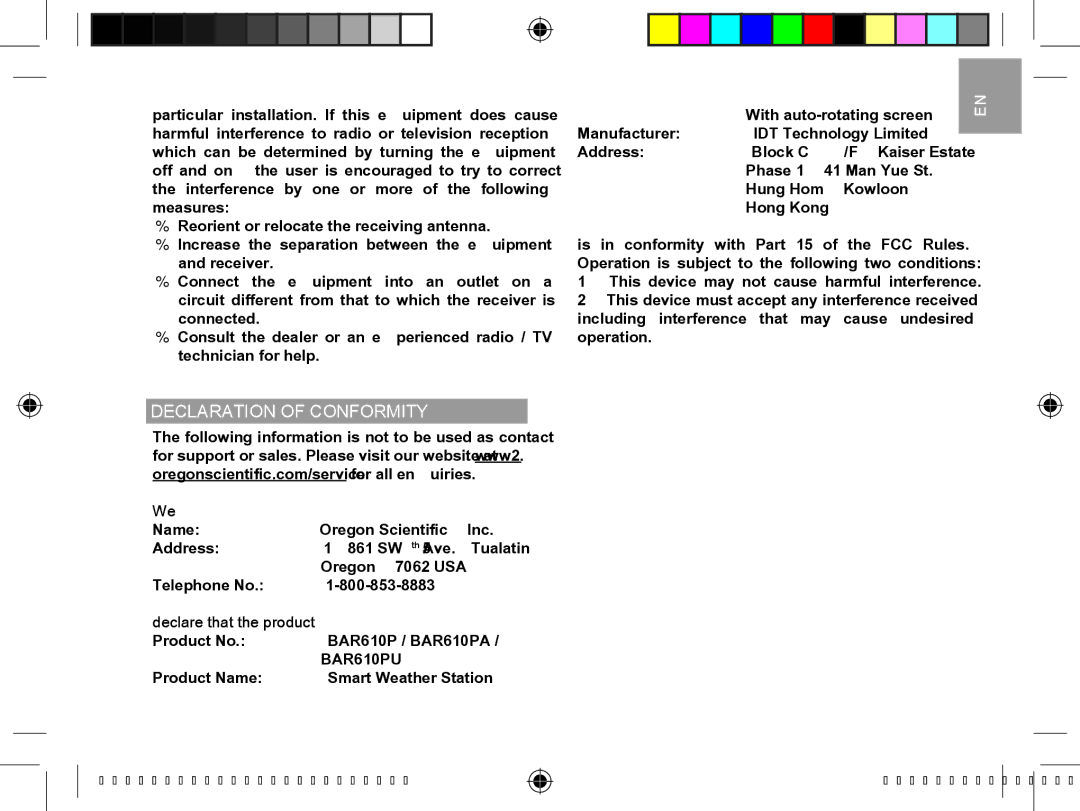 Oregon Scientific BAR610B user manual Declaration of Conformity, Declare that the product 