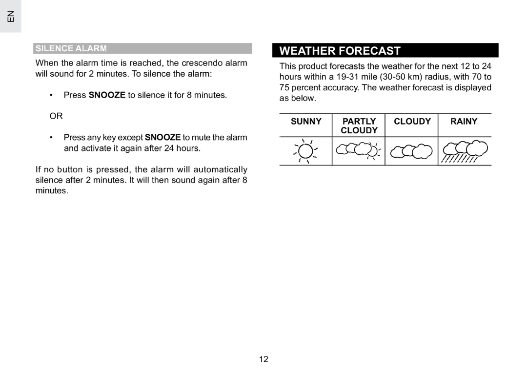 Oregon Scientific BAR623PA user manual Weather Forecast, Silence Alarm 