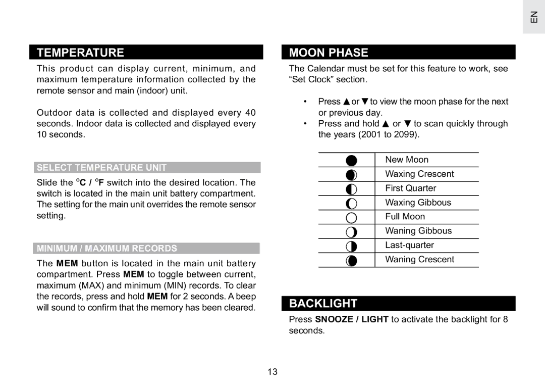 Oregon Scientific BAR623PA user manual Moon Phase, Backlight, Select Temperature Unit, Minimum / Maximum Records 