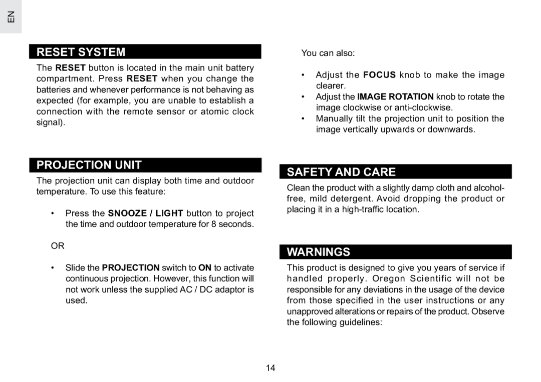 Oregon Scientific BAR623PA user manual Reset System, Projection Unit, Safety and Care 