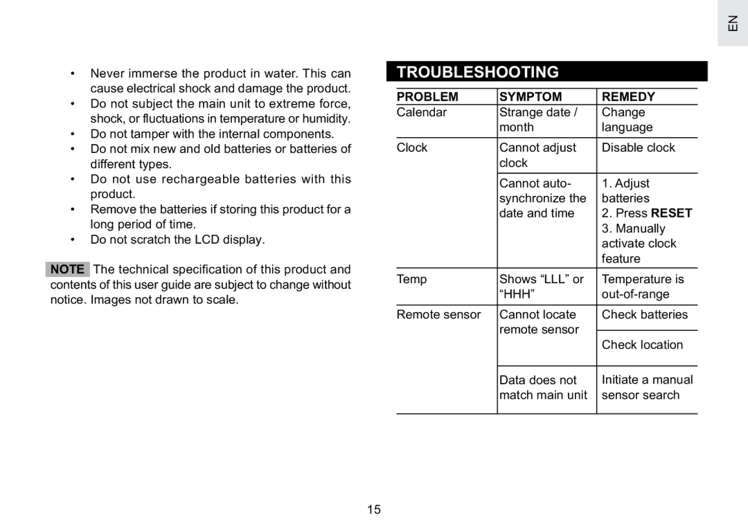 Oregon Scientific BAR623PA user manual Troubleshooting, Problem Symptom Remedy 