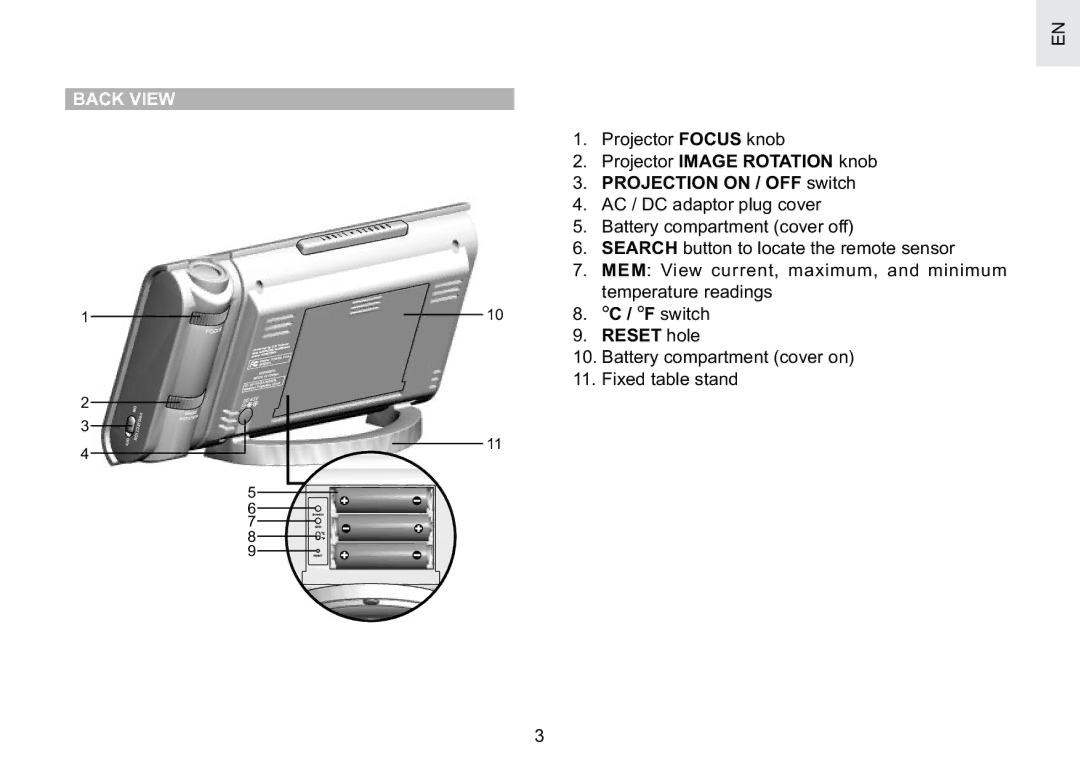 Oregon Scientific BAR623PA user manual Back View, Projector Image Rotation knob Projection on / OFF switch 