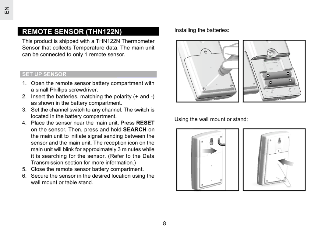 Oregon Scientific BAR623PA user manual Remote Sensor THN122N, SET UP Sensor 