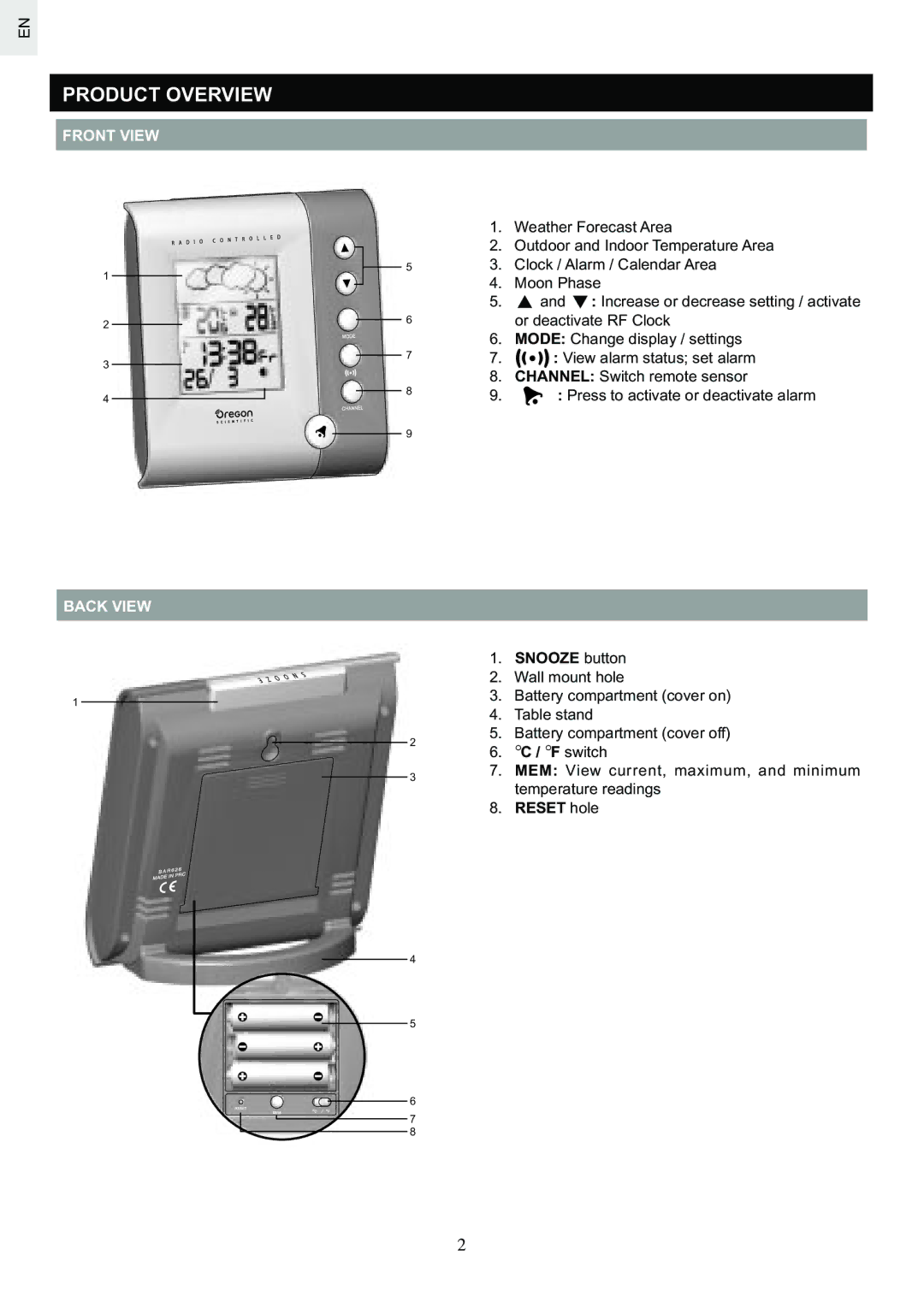 Oregon Scientific BAR626U specifications Product Overview, Front View Back View 