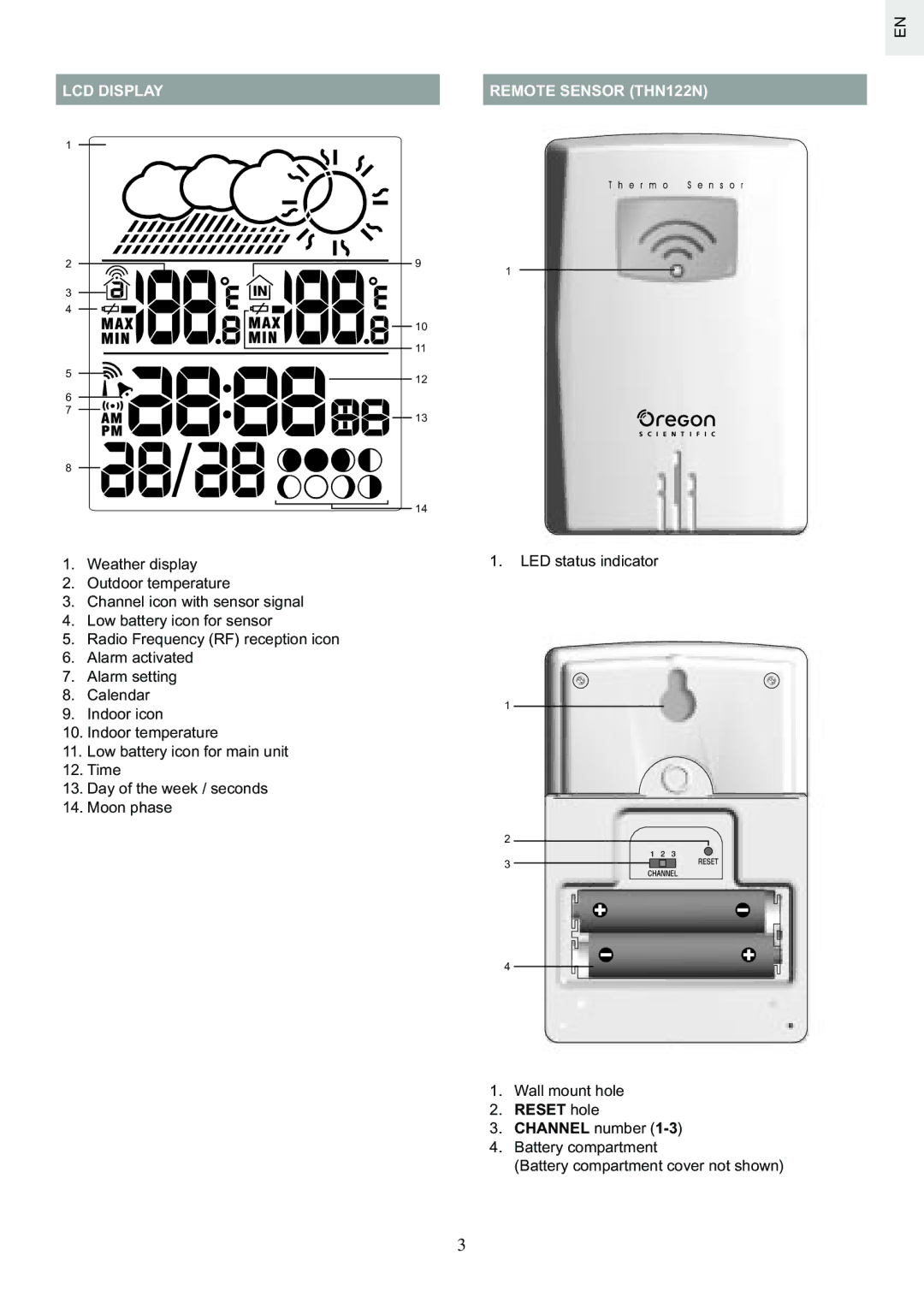 Oregon Scientific BAR626U specifications LCD Display, Remote Sensor THN122N 