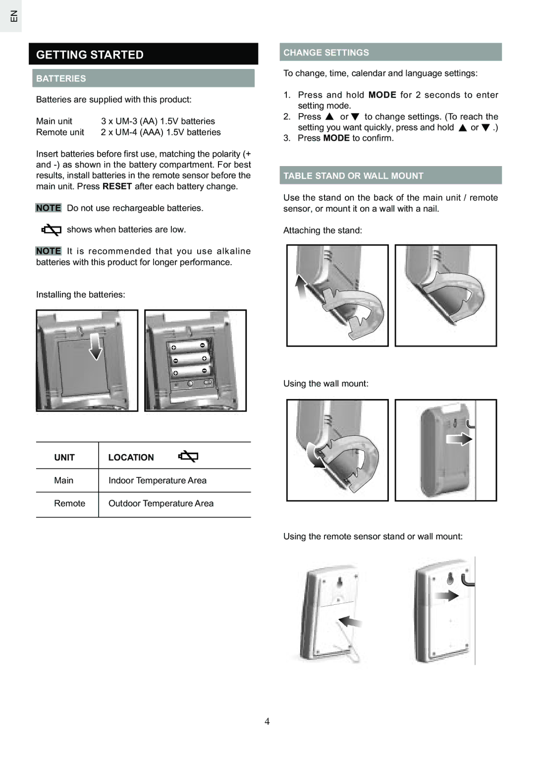 Oregon Scientific BAR626U Getting Started, Batteries, Change Settings, Table Stand or Wall Mount, Unit Location 