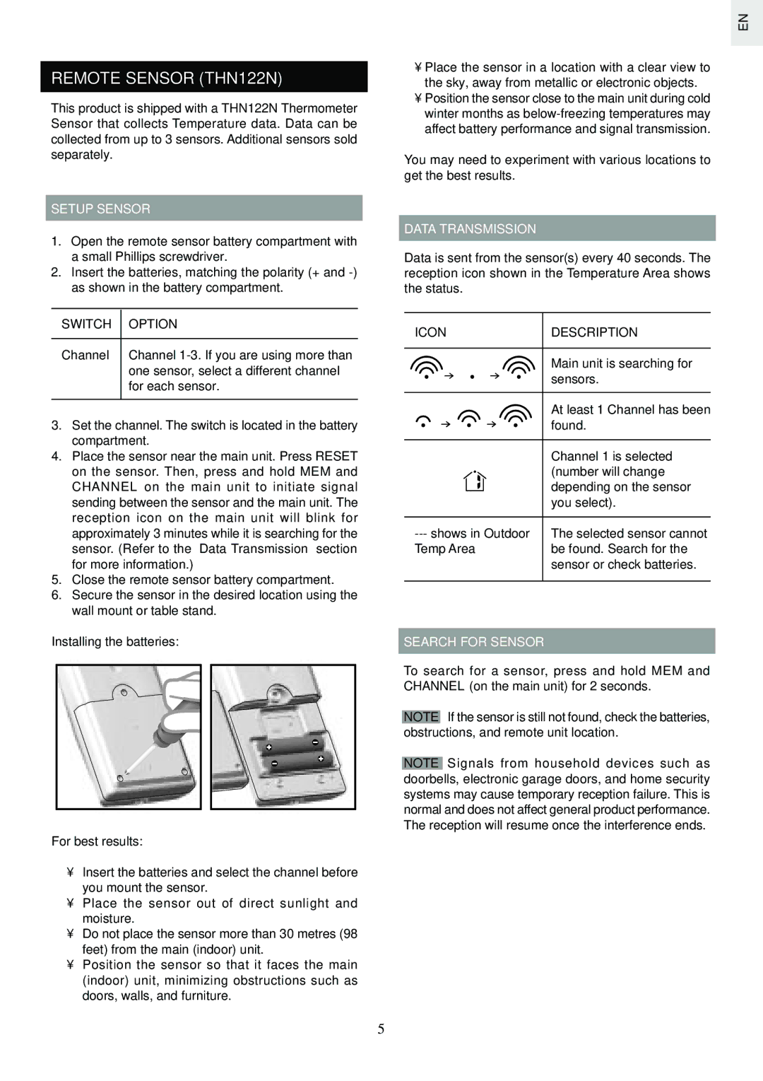 Oregon Scientific BAR626U specifications Remote Sensor THN122N, Setup Sensor, Data Transmission, Search for Sensor 