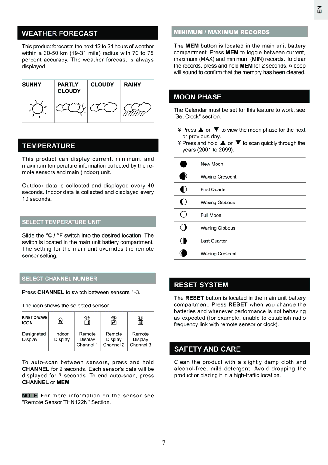 Oregon Scientific BAR626U specifications Weather Forecast, Temperature, Moon Phase, Reset System, Safety and Care 