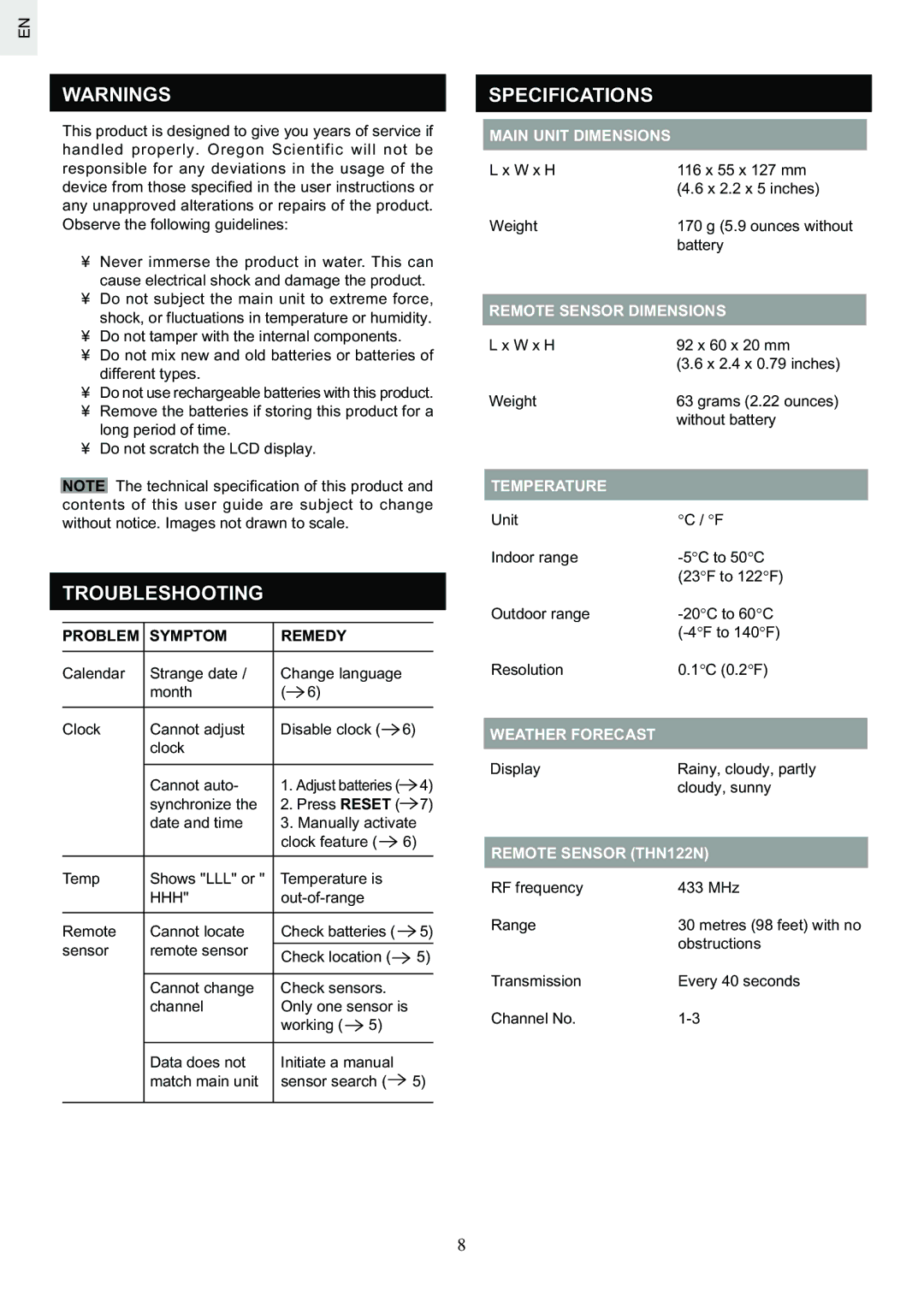 Oregon Scientific BAR626U specifications Troubleshooting, Specifications 