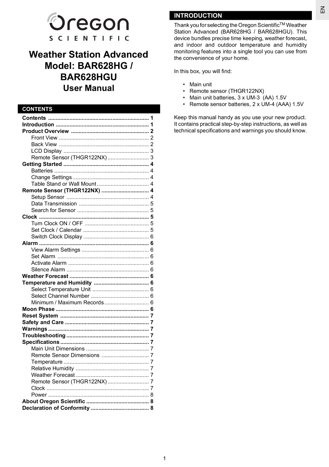 Oregon Scientific BAR628HG / BAR628HGU user manual Introduction, Contents 