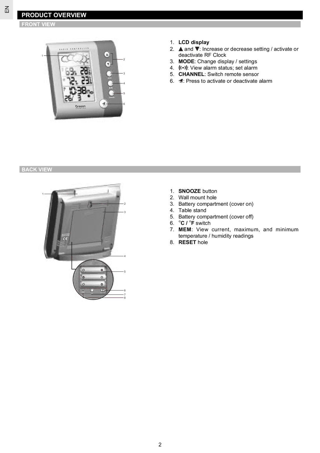 Oregon Scientific BAR628HG / BAR628HGU user manual Product Overview, Front View Back View 