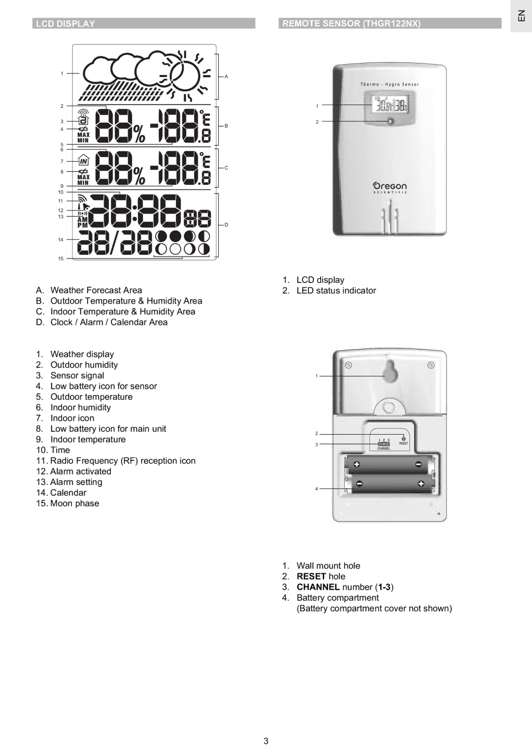 Oregon Scientific BAR628HG / BAR628HGU user manual LCD Display Remote Sensor THGR122NX 