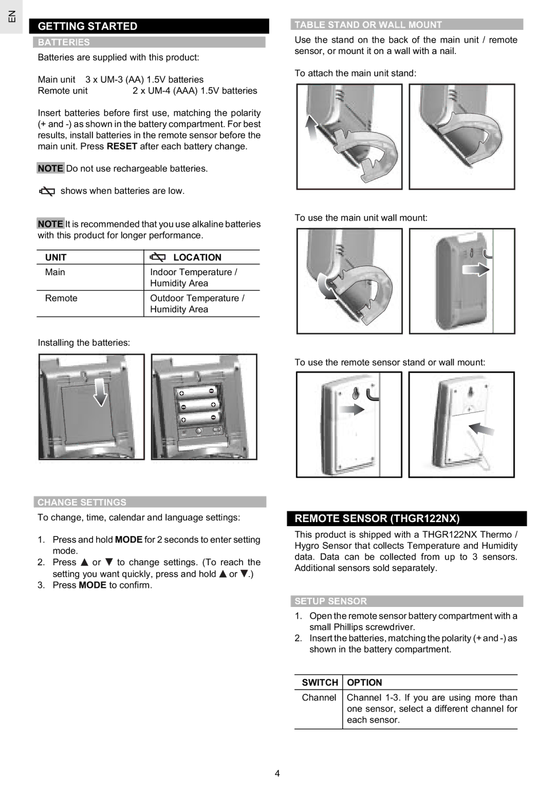 Oregon Scientific BAR628HG / BAR628HGU user manual Getting Started, Remote Sensor THGR122NX 