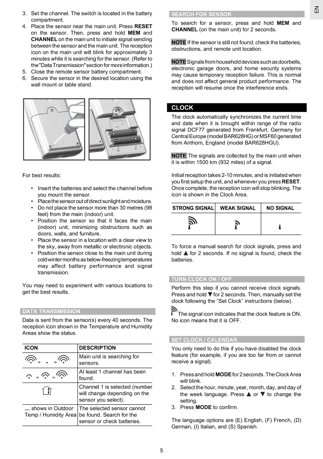 Oregon Scientific BAR628HG / BAR628HGU Search for Sensor, Data Transmission, Turn Clock on / OFF, SET Clock / Calendar 