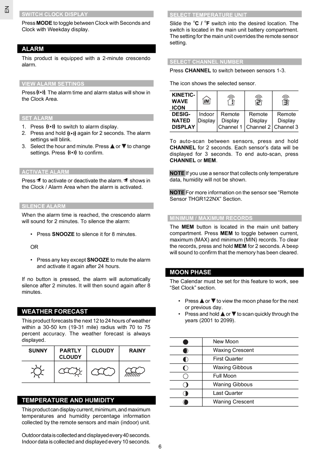 Oregon Scientific BAR628HG / BAR628HGU user manual Alarm, Weather Forecast, Temperature and Humidity, Moon Phase 